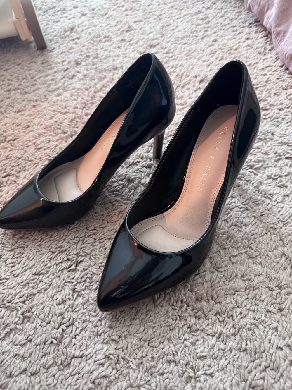 Kelly & Katie Black Patent Pointed Pumps with Stiletto Heel